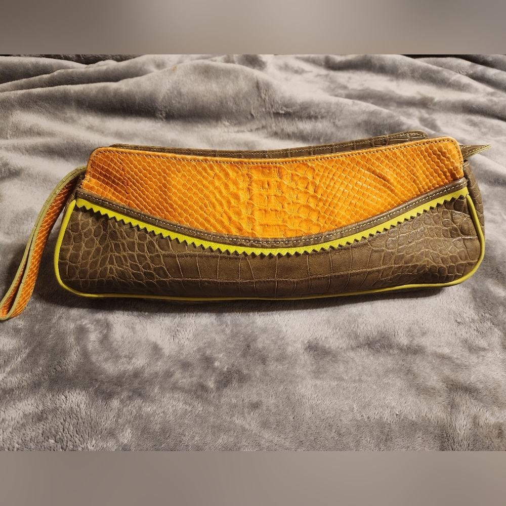 Claudia Firenze genuine leather clutch wristlet olive green/orange
